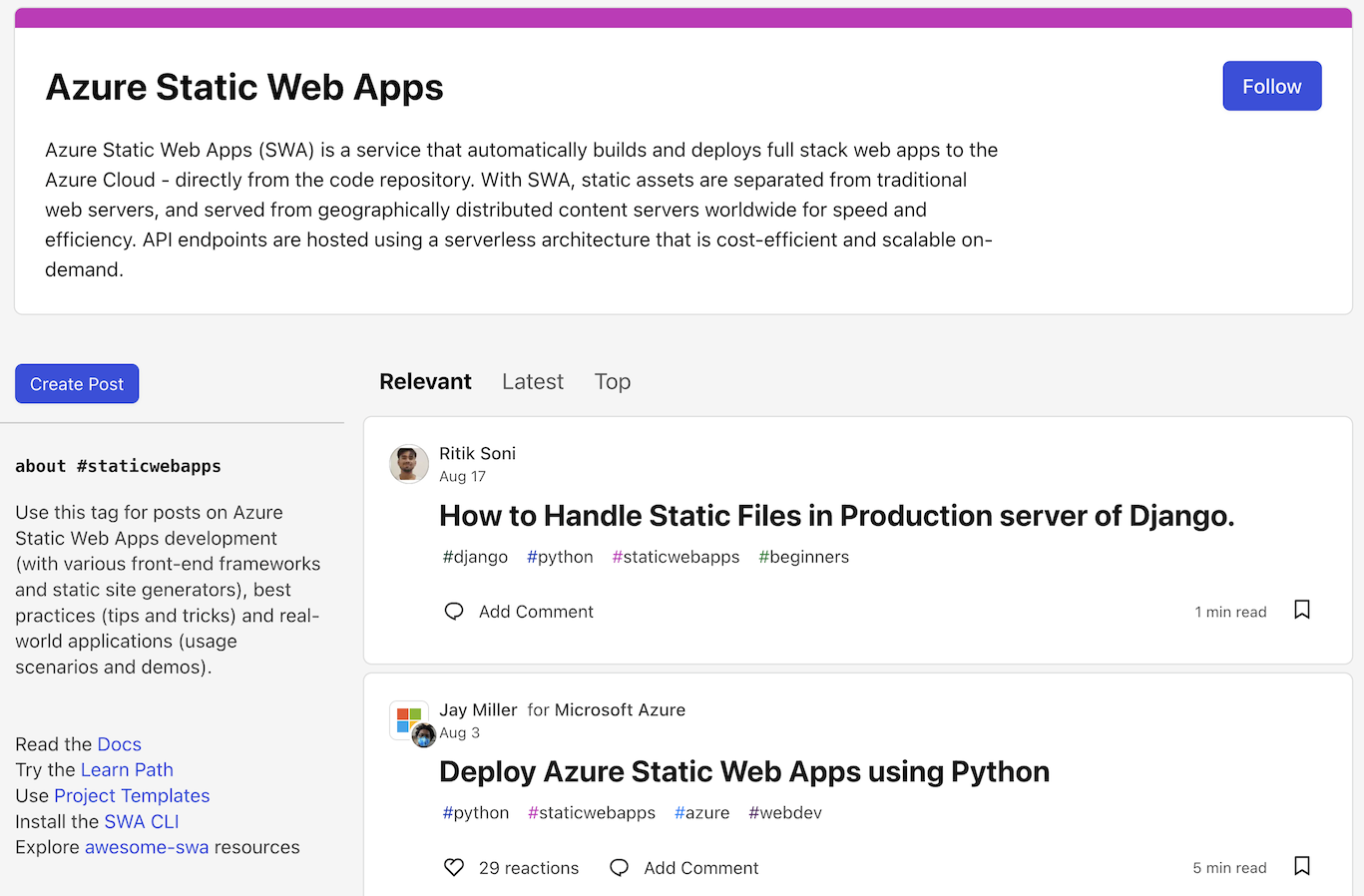 dev.to #staticwebapps page