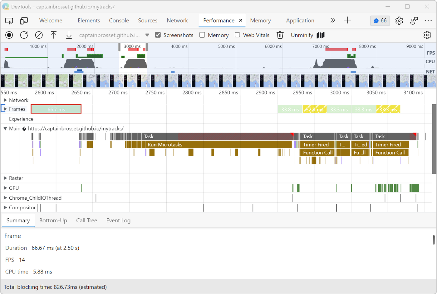 Screenshot of the performance tool in Edge DevTools